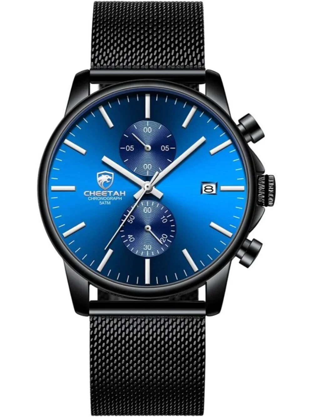 Men's Dark Blue Mesh Stainless Steel Minimalist Quartz Analog Chronograph Watch